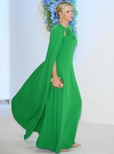 Princess Charlene wore a new green cape effect crepe gown by Marchesa. Princess Charlene wore Marchesa notte green cape effect crepe gown