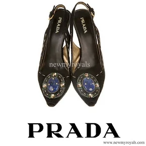 Crown Princess Mette-Marit wore Prada Jeweled Brooch Suede Pump
