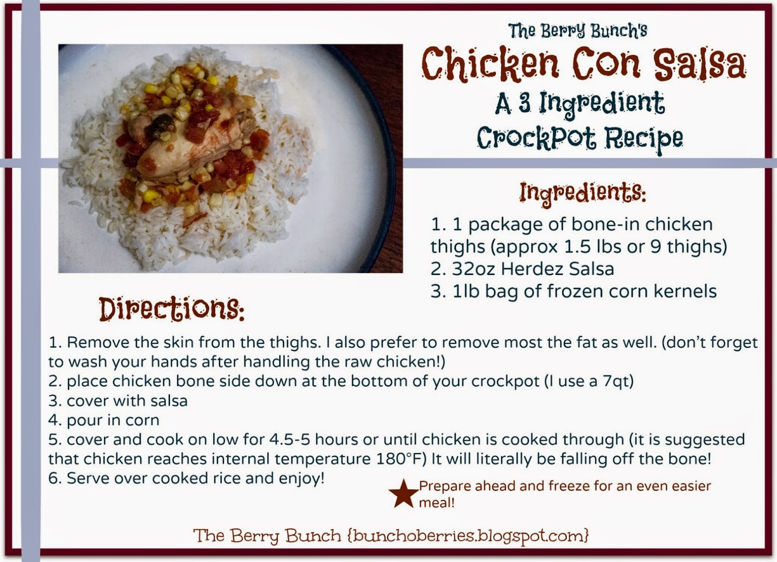 The Berry Bunch: Chicken Con Salsa printable 5x7 recipe card