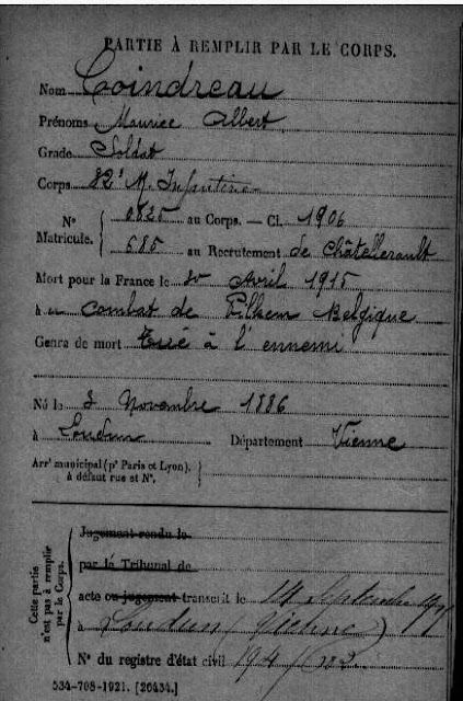 Mémoire des poilus de la Vienne COINDREAU Maurice Albert