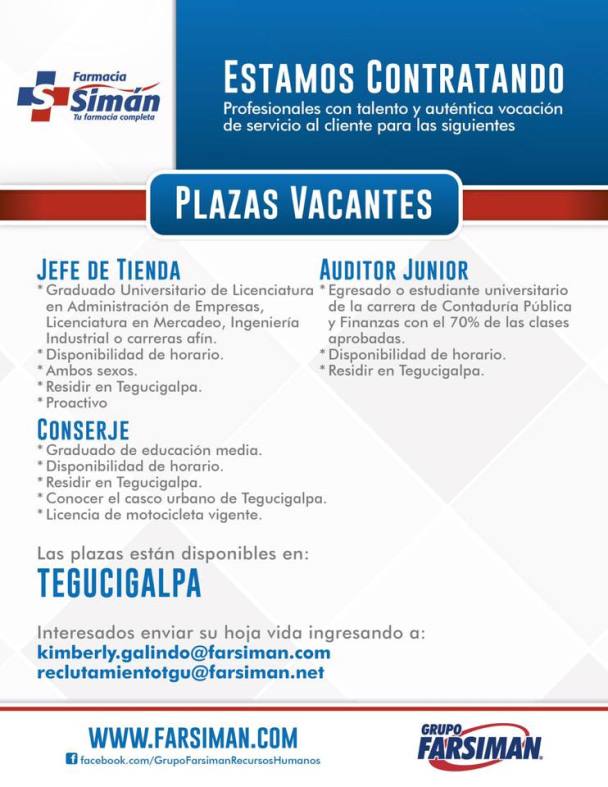 3 Vacantes (Farmacia Simán) Tegucigalpa Empleos en Honduras