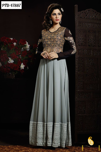 Wedding wear black grey color chiffon anarkali salwar suit online shopping at best price in India
