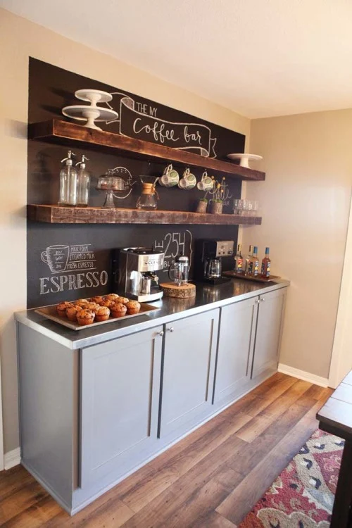 kitchen bar with chalkboard and shelves