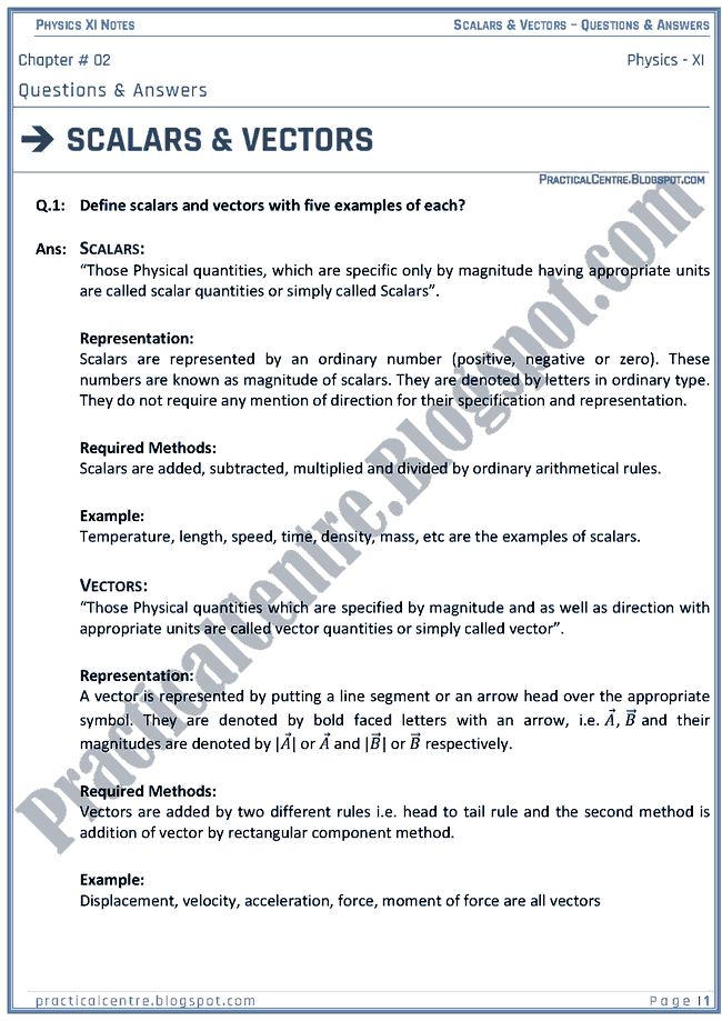 Scalars & Vectors Questions & Answers Physics XI Practical Centre