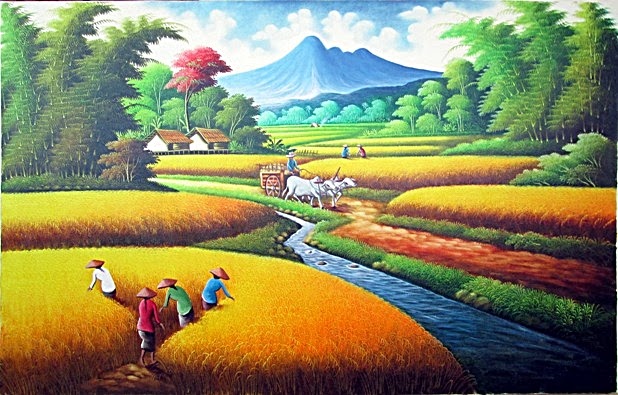 Lukisan Panen 77 Sawah Padi Kuning Gambar