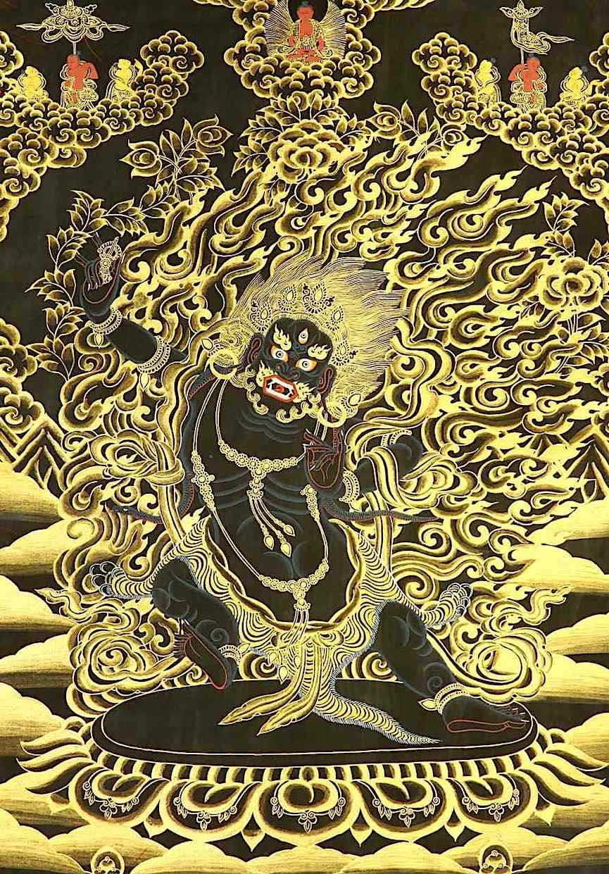 Buddhist image a Buddhist image of a demon or god in golden flames on cloth