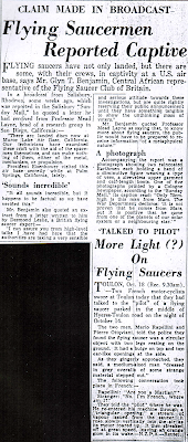 Flying Saucermen Reported Captive - Wellington Post 10-19-1954