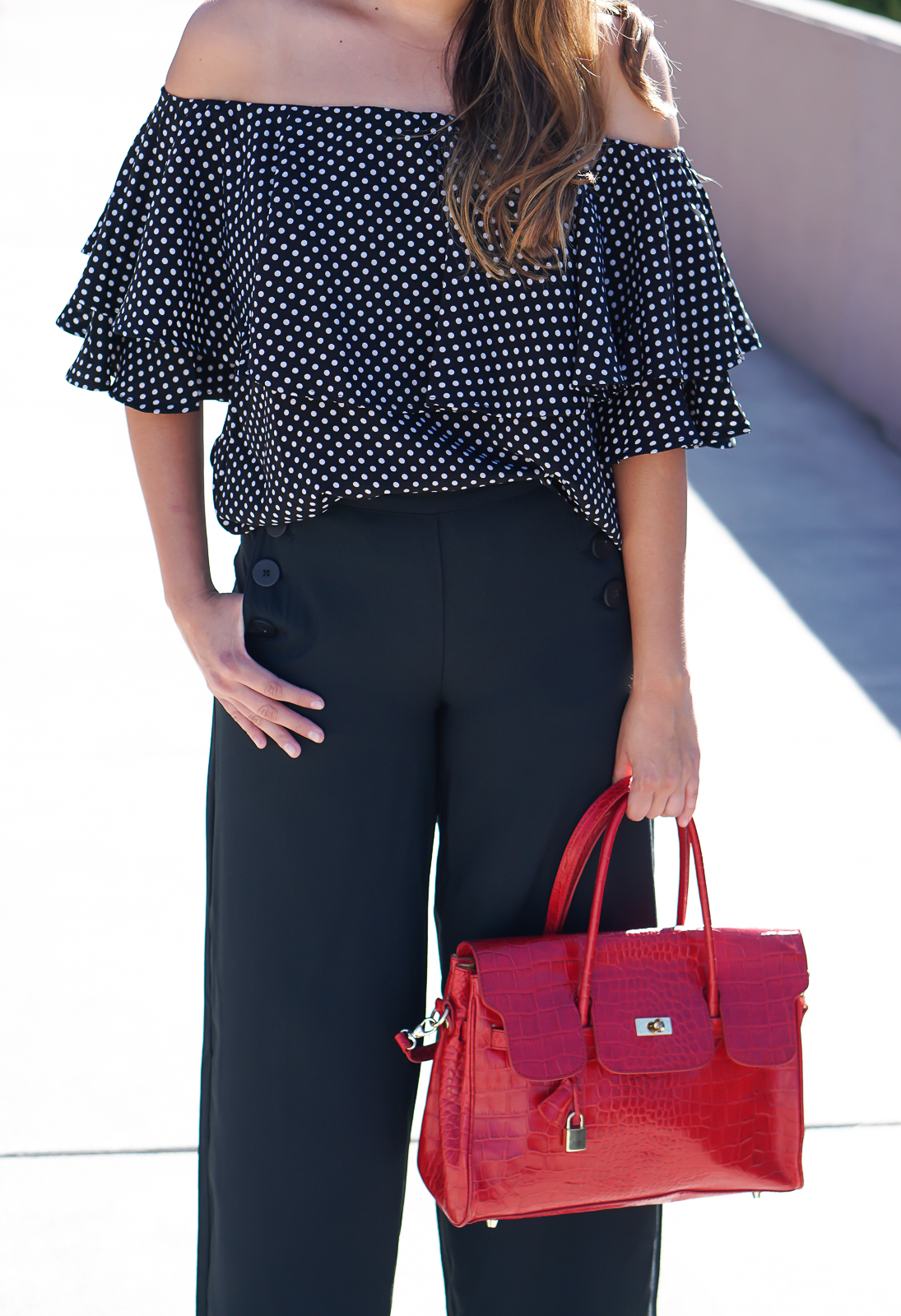Fashion, SheIn Black Polka Dot Ruffle Off The Shoulder Blouse, How to wear off the shoulder tops, Women's Sailor Pant - Who What Wear x Target, Red top handle crocodile bag, Shoemint Heels, Diva Mac Red Lipstick, Latina Fashion Blogger, LA Fashion Blogger, Long Beach Performing Arts Center