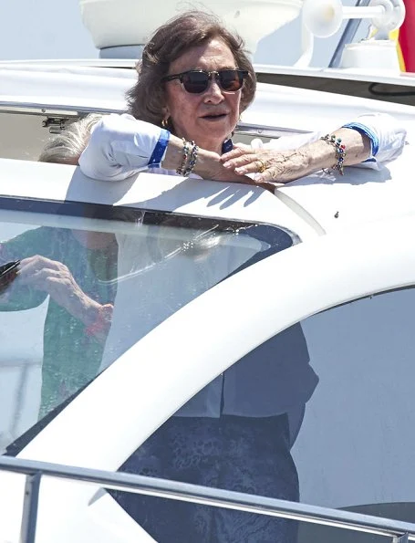 Queen Sofia, Infanta Elena and Victoria Federica de Marichalar on board of the Somni boat congratulates King Felipe