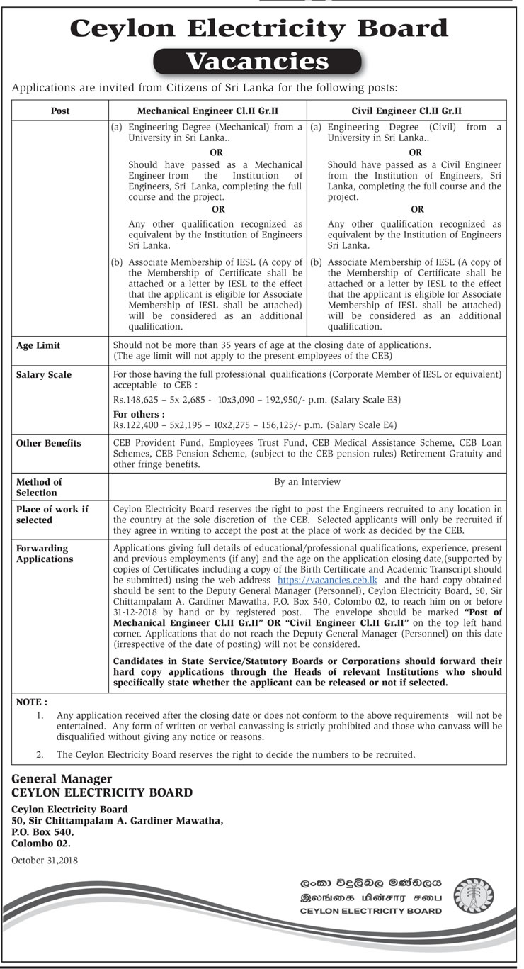 Mechanical Engineer, Civil Engineer Ceylon Electricity Board