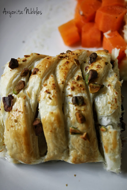 Cooked turkey and stuffin' braid with cranberry and pistachio