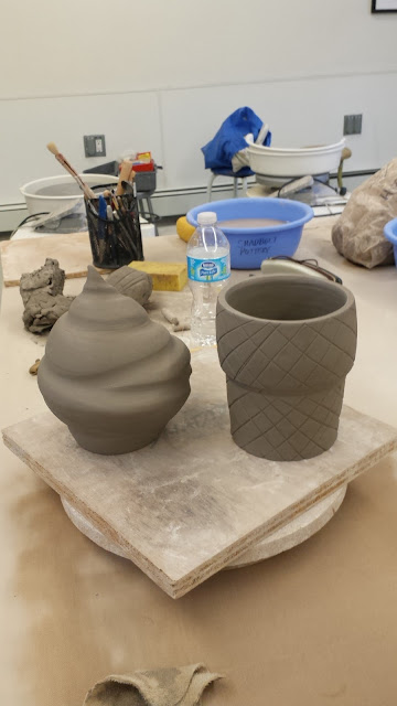 Pottery ice cream cone totem pieces by Lily L, in progress.