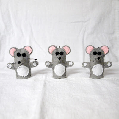 Three Blind Mice felt finger puppets handmade by Joanne Rich.