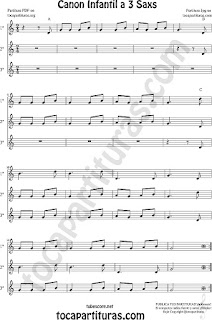  Saxofón Alto y Sax Barítono Partitura de Canon Infantil a tres voces Sheet Music for Alto and Baritone Saxophone Music Scores