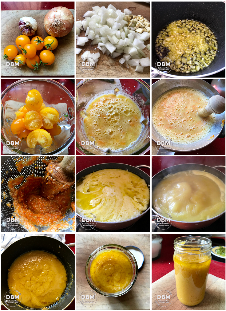 Salsa de Tomates Amarillos, con Patatas y Huevos Cuajados