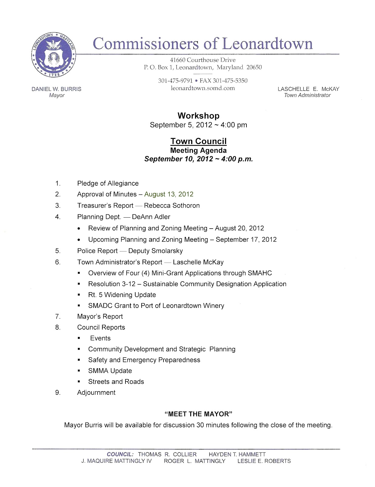 Leonardtown Maryland News Town Council Meeting Meet the Mayor Tonight