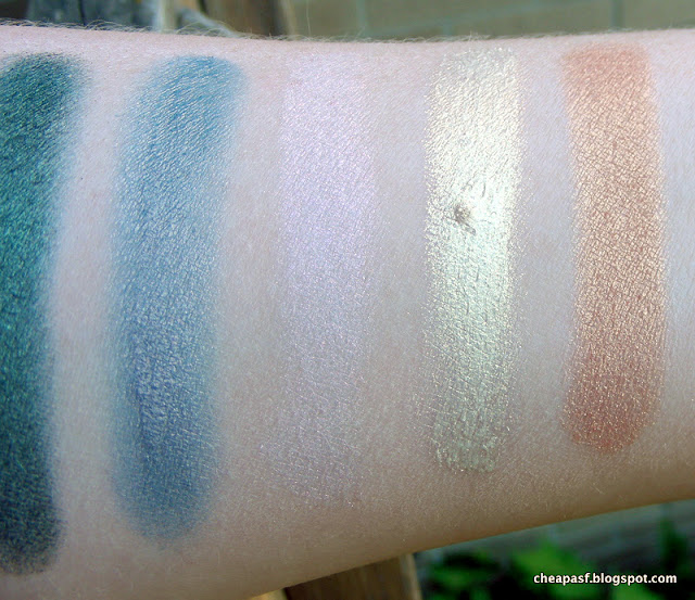 Swatches of Blend Mineral Cosmetics PIG3, City Color Mousse in White Gold, and e.l.f. Baked Eyeshadow in Enchanted