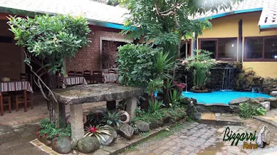 Detalhe da parte externa da varanda com o lago de carpas com as mudas de papiro e a mesa de pedra com plantas, o rabo de gato, as bromélias, os vasos de barro e o piso de pedra rústica.