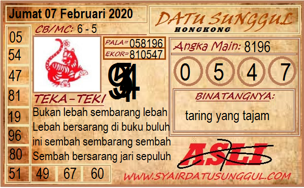 Syair Togel Hongkong 07 Februari 2020 Tokosyair Com