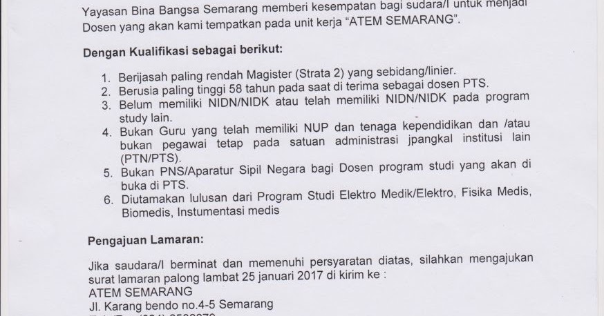 Lowongan Dosen 2017 di Semarang, Yayasan Bina Bangsa ATEM 