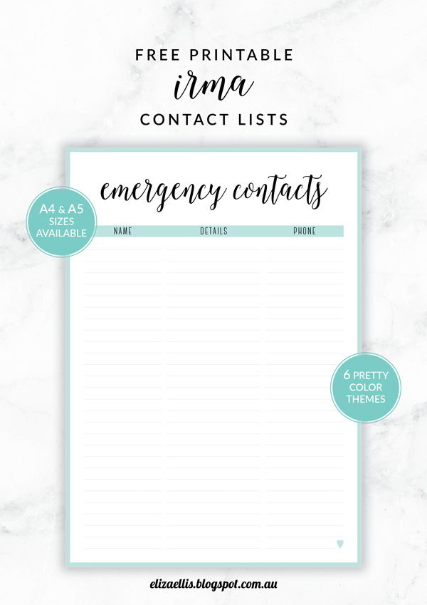 Free Printable Irma Contact Lists // Eliza Ellis. Including Emergency Contact List, Friends and Family, Businesses and Organizations - must have lists for your planner or home organizer! Available in 6 pretty colors and both A4 and A5 sizes. Enjoy!