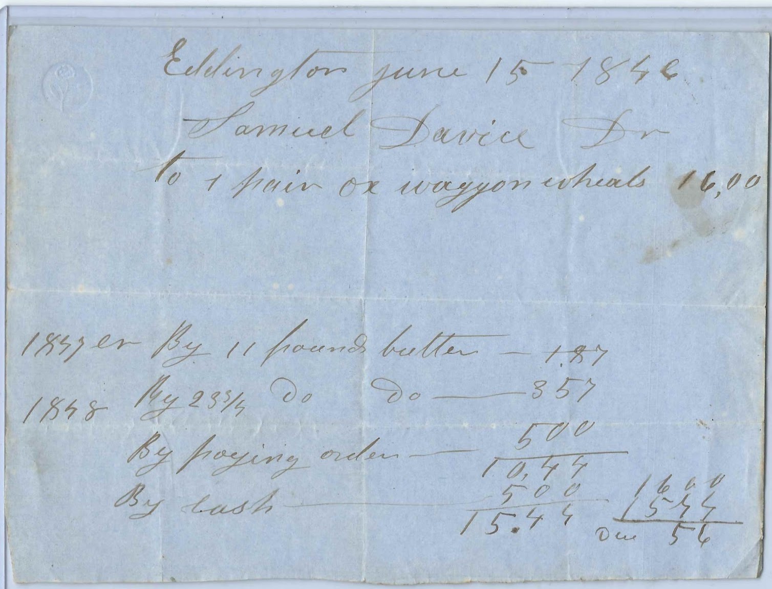 Heirlooms Reunited 1846 Invoice, Eddington, Maine Names of Samuel
