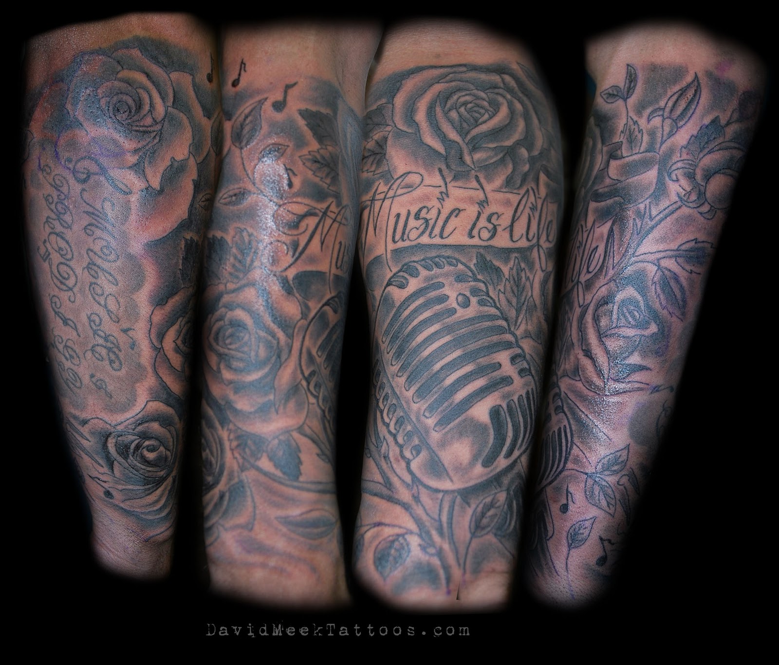 japanese tattoo sleeve designs black and grey Black and Grey Microphone and Roses half sleeve Tattoo by David Meek 