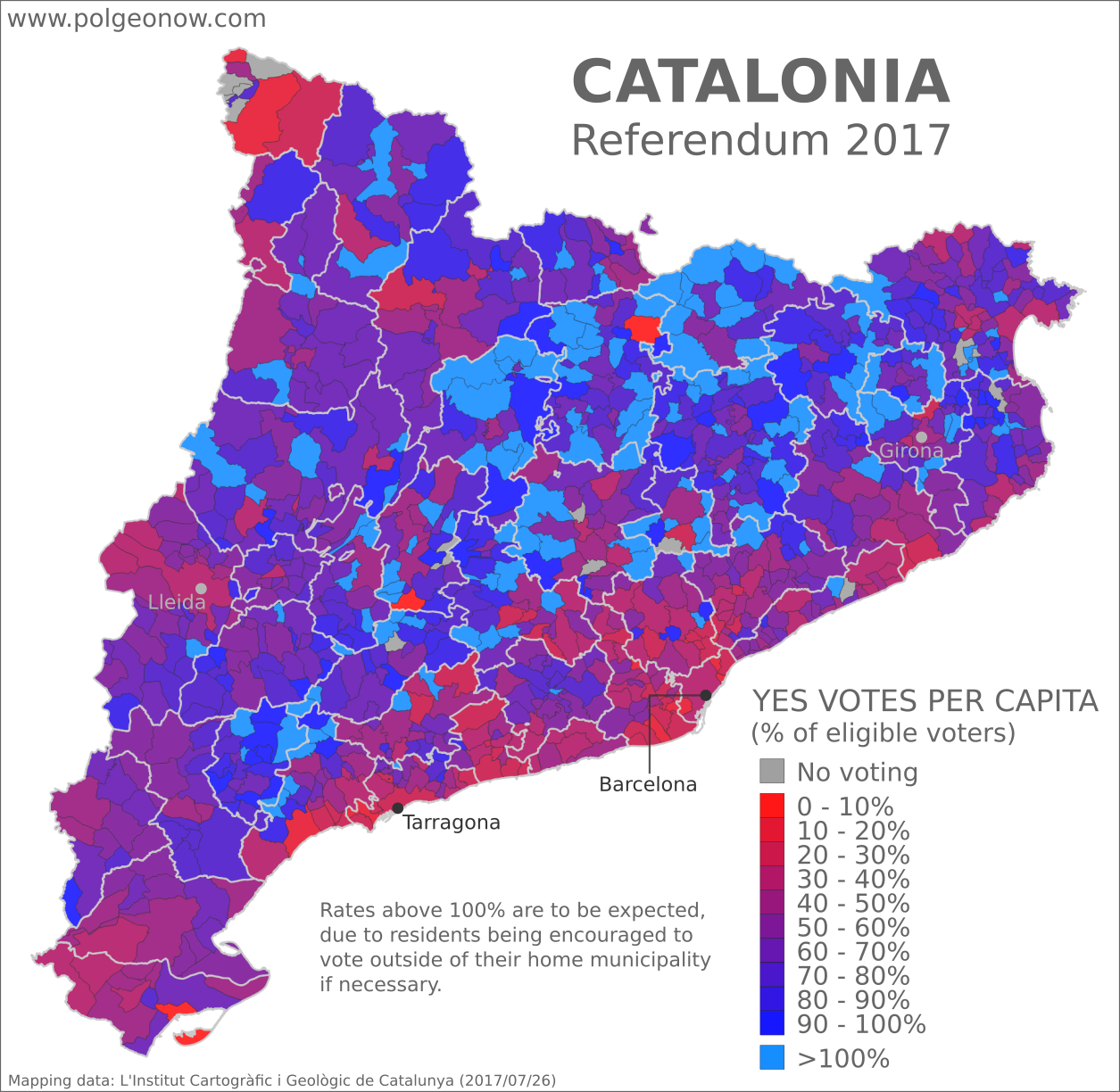 Catalan referendum 2017 map: Detailed, municipality-level map of results in Catalonia's disputed October 2017 referendum on independence from Spain, showing per capita YES votes in favor of independence as a proportion of total eligible voter population in each municipality. Boundaries of comarques (comarcas) shown. Labels cities of Barcelona, Tarragona, Lleida, and Girona. Colorblind accessible.