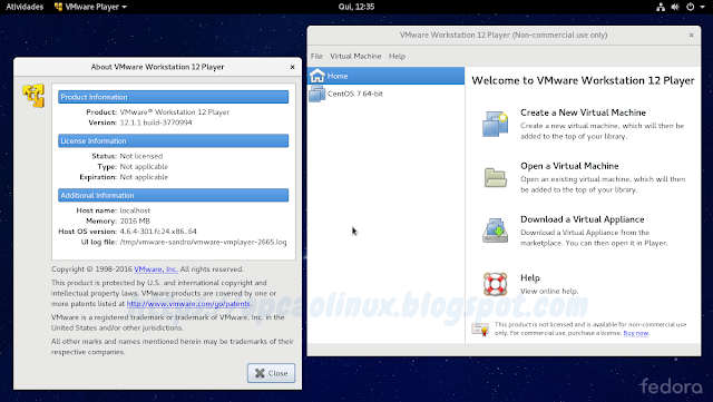 VMware Workstation Player 12 executando no Fedora 24 com Kernel 4.6.4