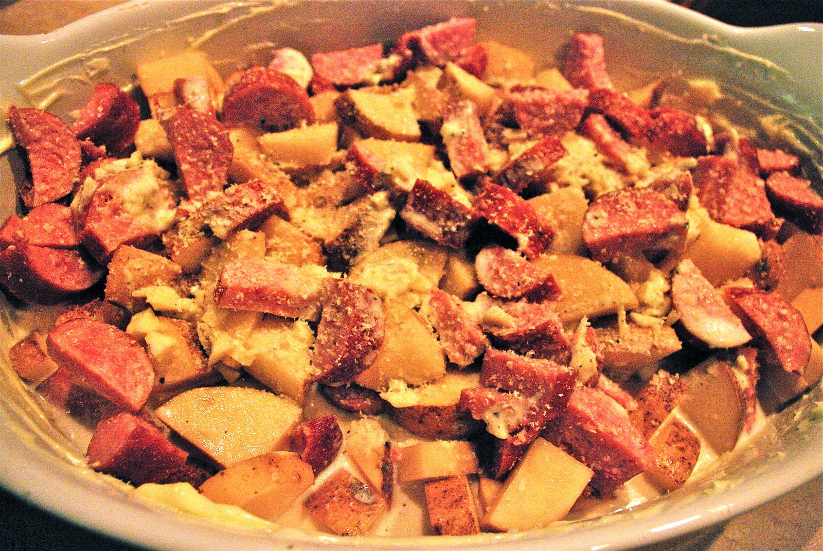Potatoes Au Gratin with Sausage | Outside of the Box