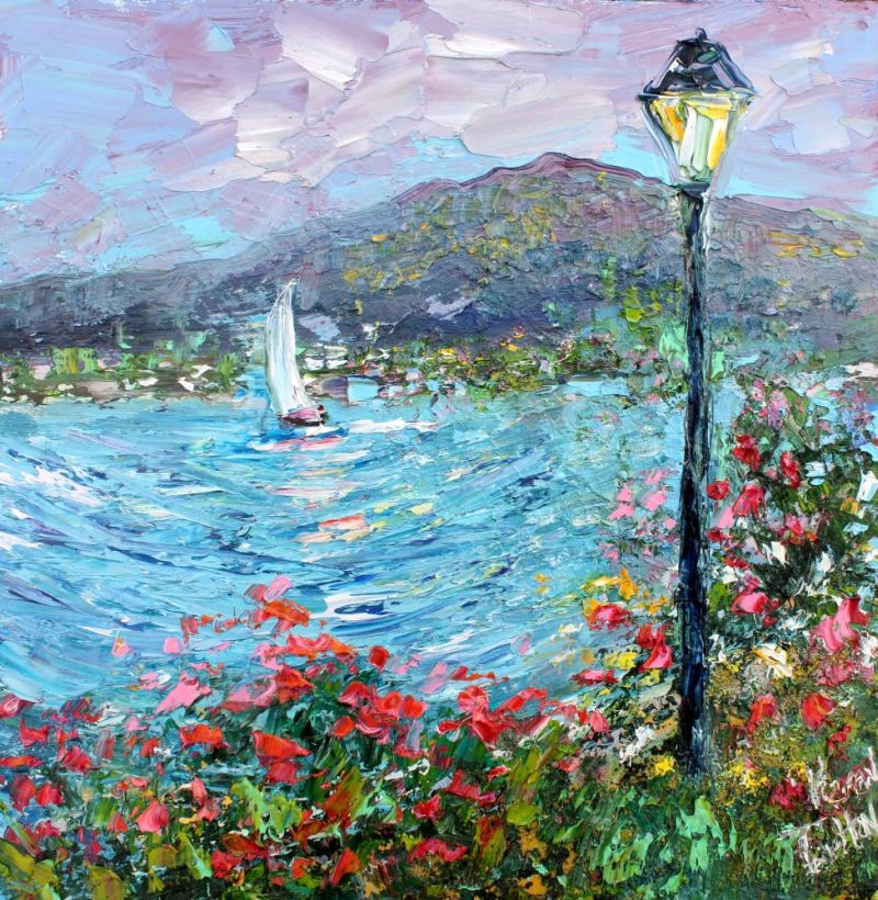 Karen Tarlton Switzerland lake and cat painting by Karen Tarlton
