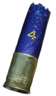 A broken shotgun shell, #4 in blue with a brass cap.