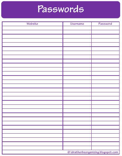 I'd Rather Be Organizing: 52 Weeks of Printables: Week 18 - Passwords