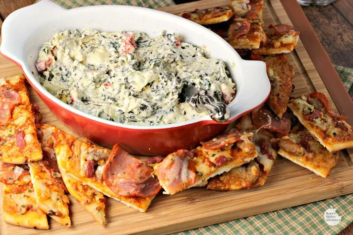 Hot and Cheesy Spinach Artichoke Dip w/Pizza Dippers | by Renee's Kitchen Adventures - A fun and easy semi-homemade appetizer recipe for any occasion, but great for the holidays! #NestleHoliday ad