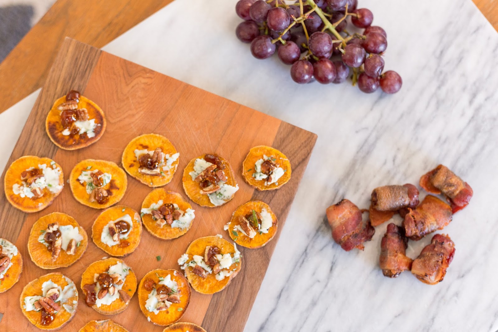 sweet potato crostinis with blue cheese, pecans, rosemary and fig spread!