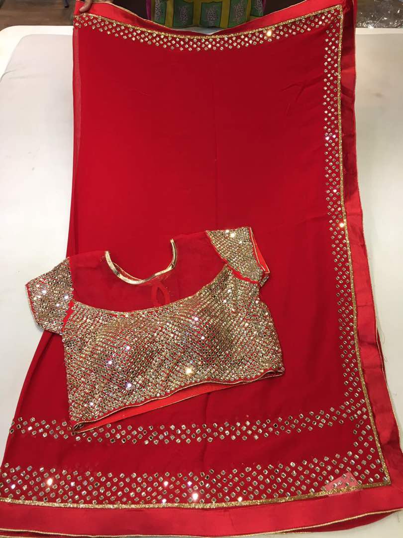 designer georgette mirrorwork saree paired with designer designer blouses for organza sarees