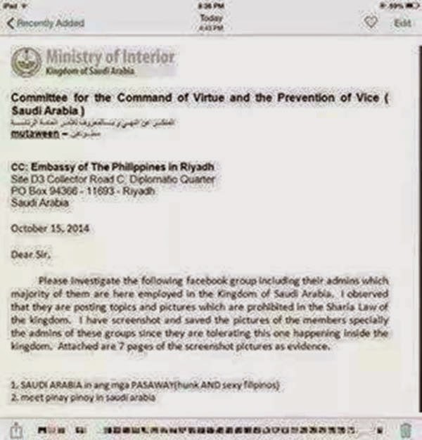 Saudi Ministry of Interior Letter RE: OFWs Sexy Photos on Facebook Group