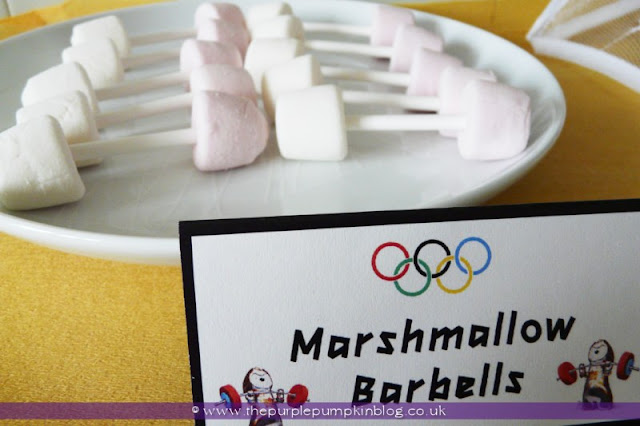 Marshmallow Barbells for an #Olympics Party at The Purple Pumpkin Blog