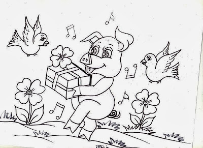 desenho de porquinho com presente, flores e passaros para pintar