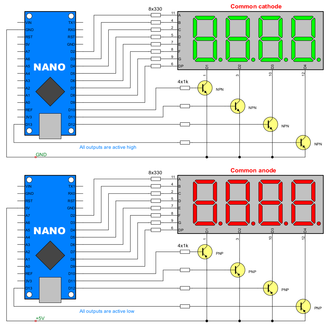 Proper wiring of a 4 digit 7-segment display · One Transistor