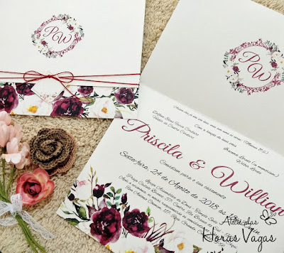 convite de casamento artesanal personalizado floral flores do campo vermelho marsala rústico cordão encerado casamento civil mini wedding simples delicado sofisticado convite barato promocional boho chic brasão