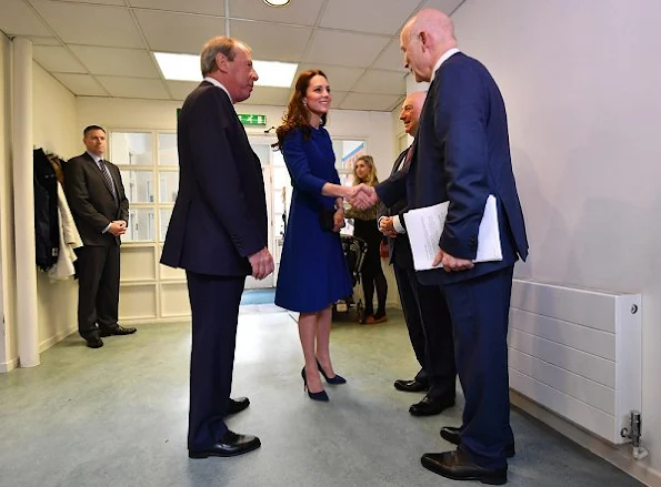 Kate Middleton wore Eponine London Belted Blue Coat, Gianvito Rossi Suade pumps, Russell and Bromley Clutch