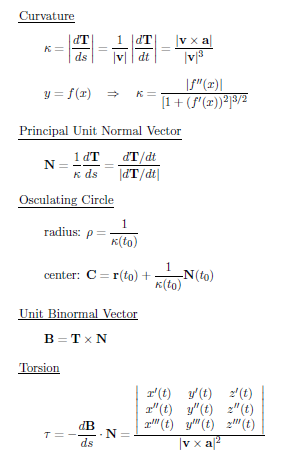 Formulas of vector calculus,length of arc,unit tangent vector,curvature,osculating,torsion,acceleration,