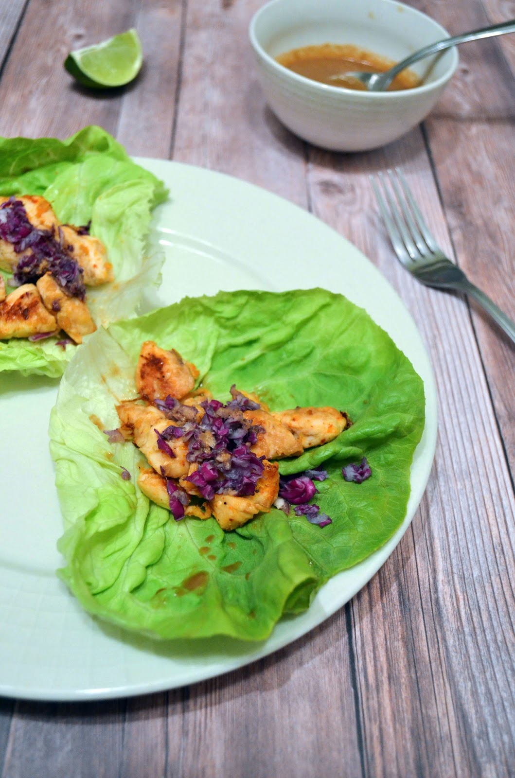 The Energetic Foodie Ginger Chicken Lettuce Wraps with Peanut Dressing