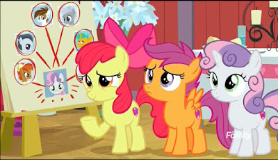 The CMC stand next to a chart showing potential admirers for Sweetie Belle