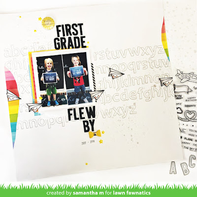 First Grade Scrapbook Page by Samantha Mann, Lawn Fawnatics Challenge, Lawn Fawn, Layout, Scrapbooking, Stamping, Clear Stamps, Die Cuts, #lawnfawn #lawnfawnatics #backtoschool #scrapbook #layout #scrapbooking #stamping #diecuts #backtoschool