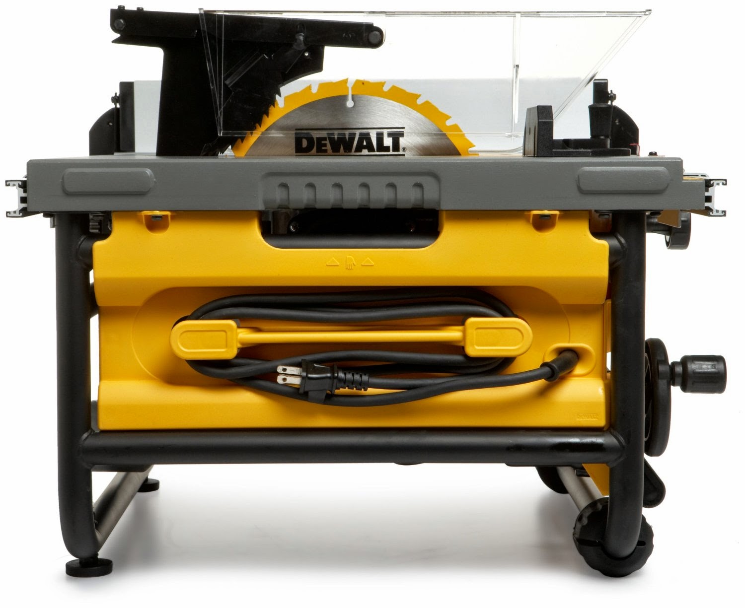DEWALT DW745 Compact Job-Site Table Saw with 20" max rip capacity, adjustable blade from 0-45 degrees, rack and pinion rail design