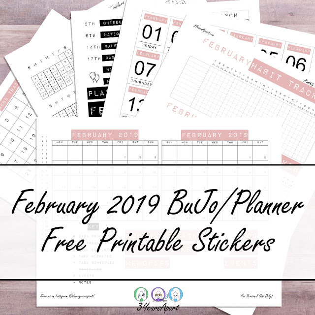 6 Pages of February 2019 Free Printable Stickers and Inserts for Bullet Journals and Planners