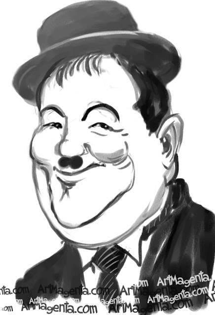 Oliver Hardy caricature cartoon. Portrait drawing by caricaturist Artmagenta.