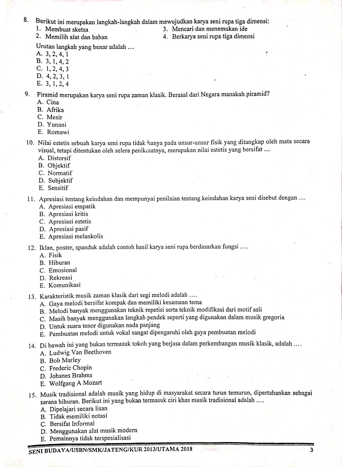 Kumpulan Soal USBN Senibudaya 2019 Berbagi Ilmu Sekolahan